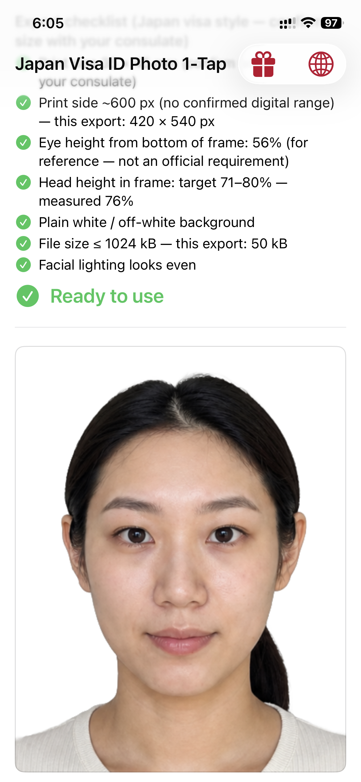 The same young woman in the Japan Visa ID Photo 1-Tap app with the 35 by 45 millimetre size selected and the checklist marked Ready to use