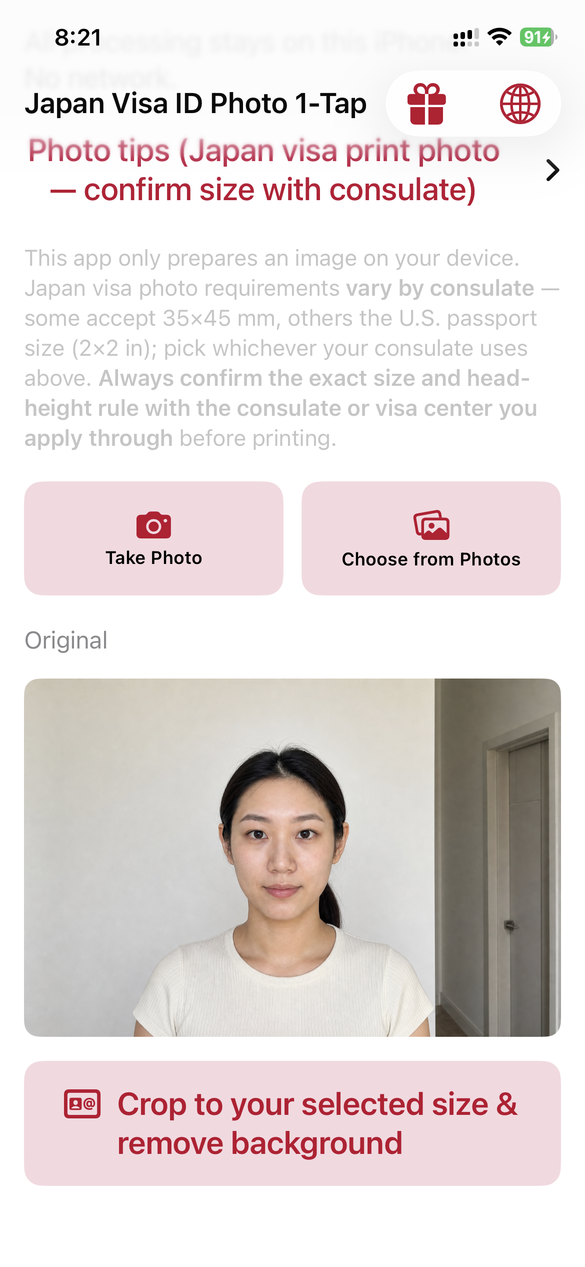 The Japan Visa ID Photo 1-Tap app showing the Original photo screen with a crop and remove background button