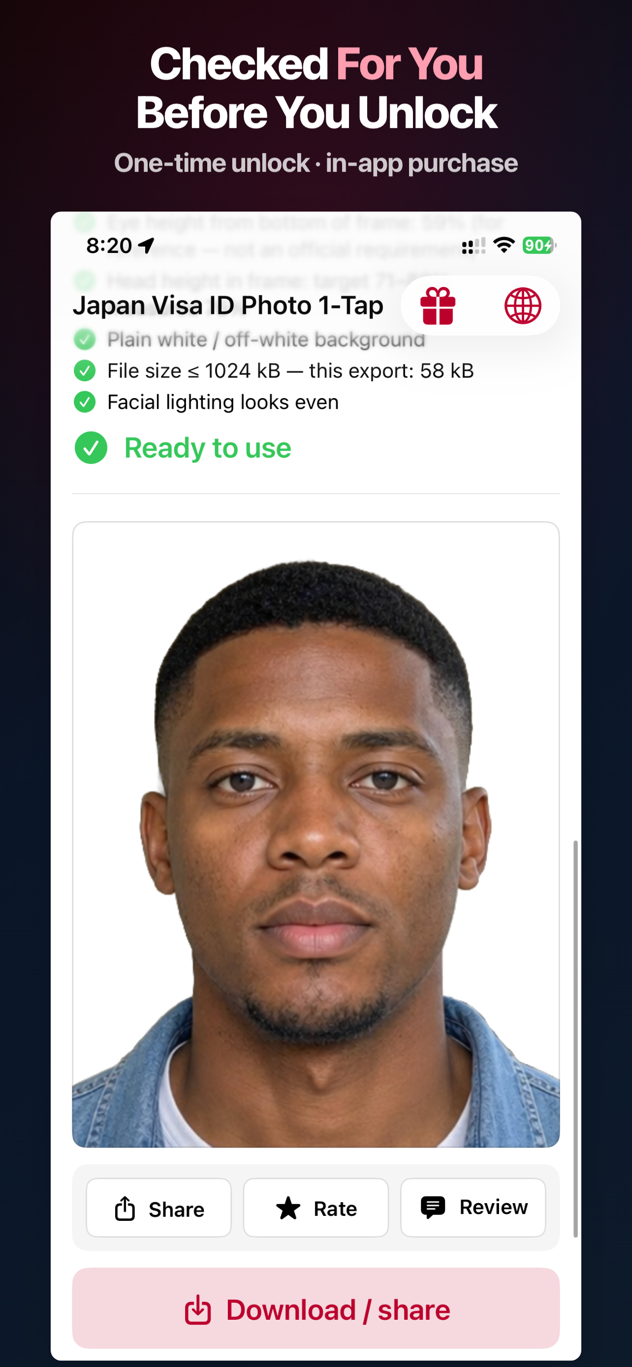 Japan Visa Photo App Store screen showing the export checklist before unlock