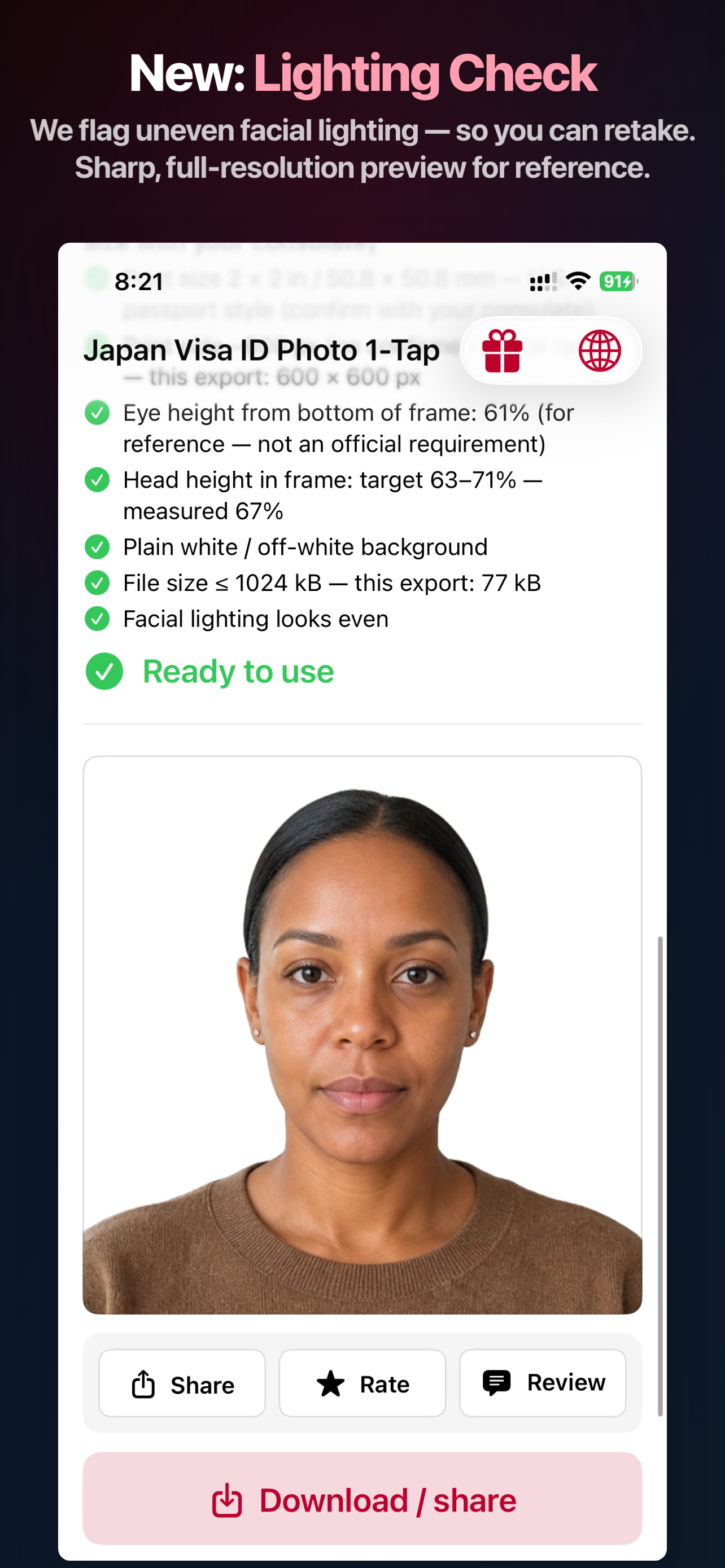 Japan Visa Photo App Store screen showing the lighting check before export