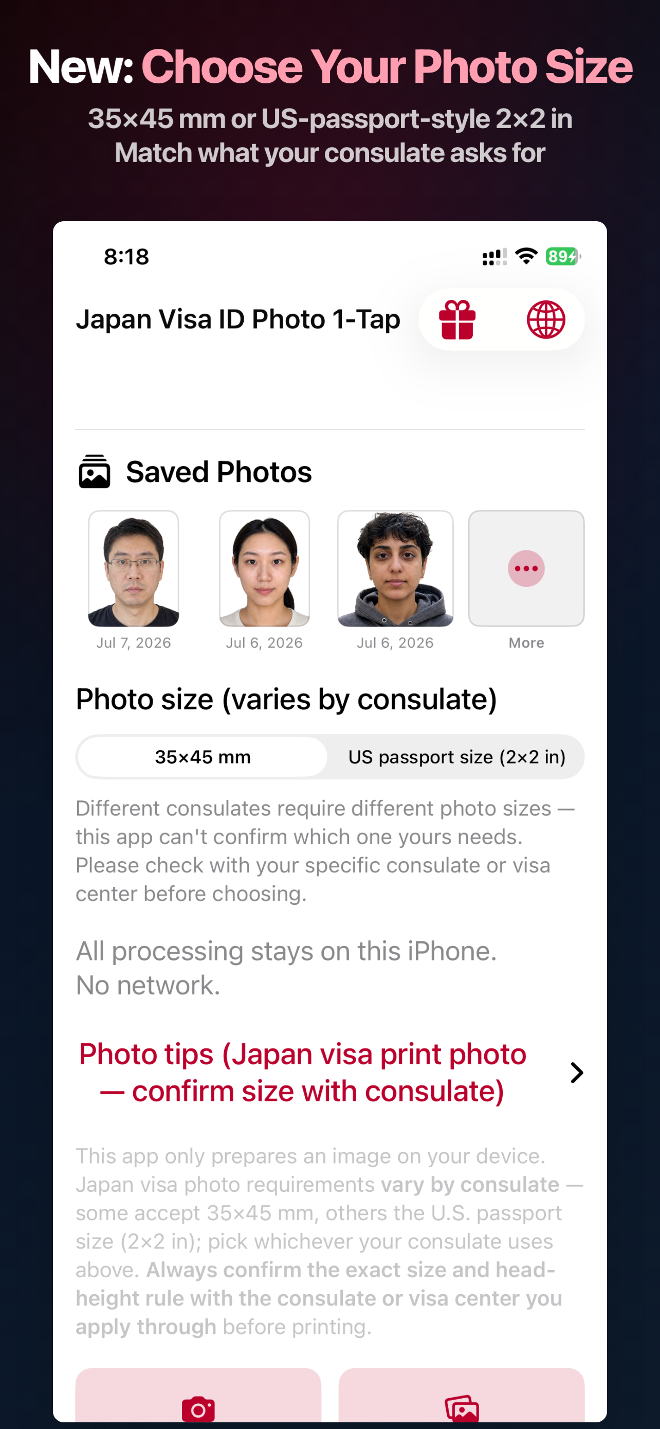 Japan Visa Photo App Store screen showing selection of 35 by 45 millimetres or US passport 2 by 2 inches