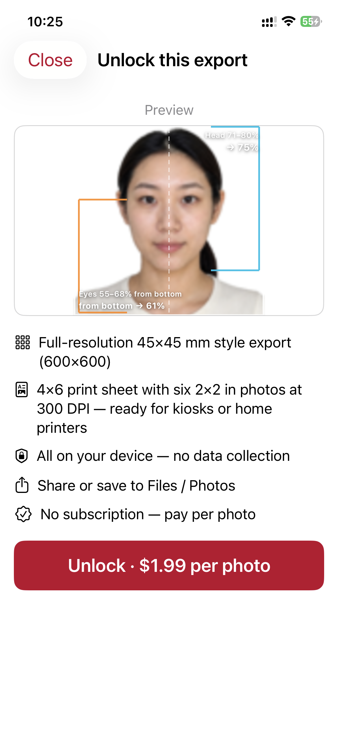 Unlock this export sheet with measurement overlay preview and $1.99 price