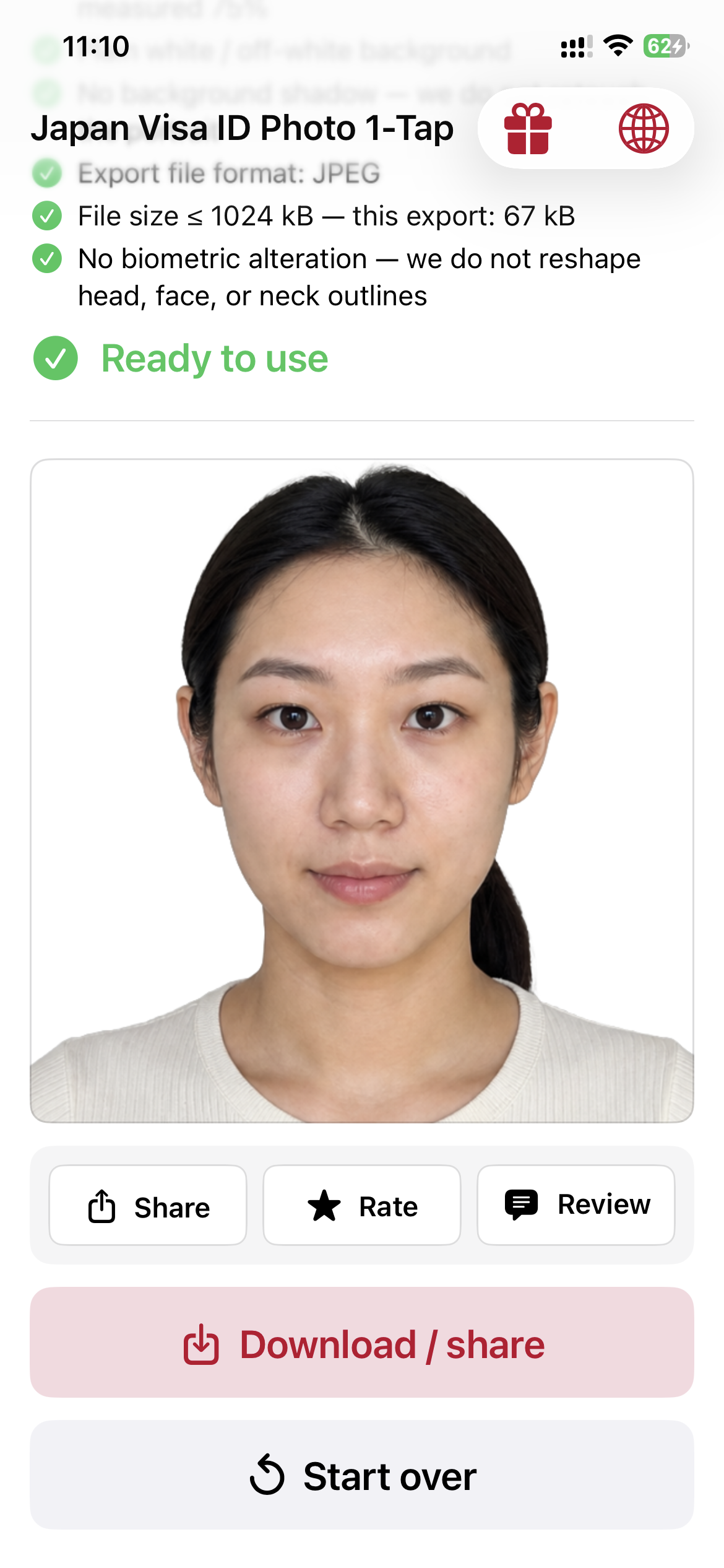 Unlocked portrait with Share, Rate, Review, Download and Start over